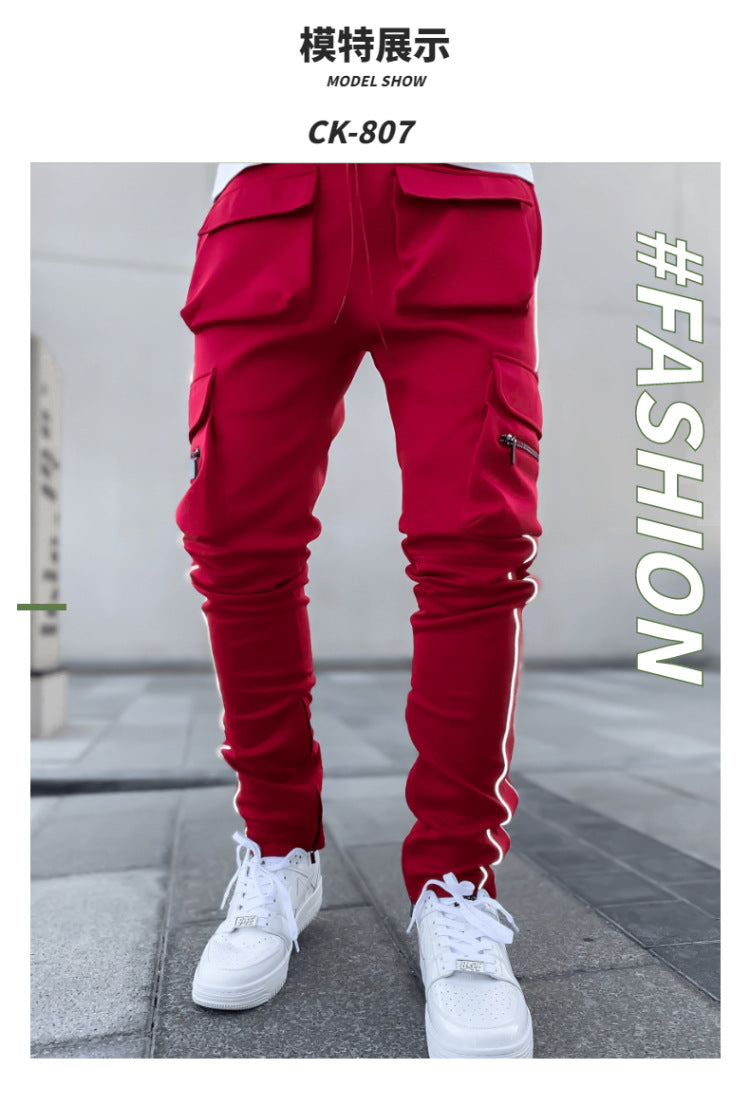Spring and Autumn Workwear Pants Men's Fashion Brand Elastic Multi-Bag Reflective Straight Sports Fitness Casual Trousers