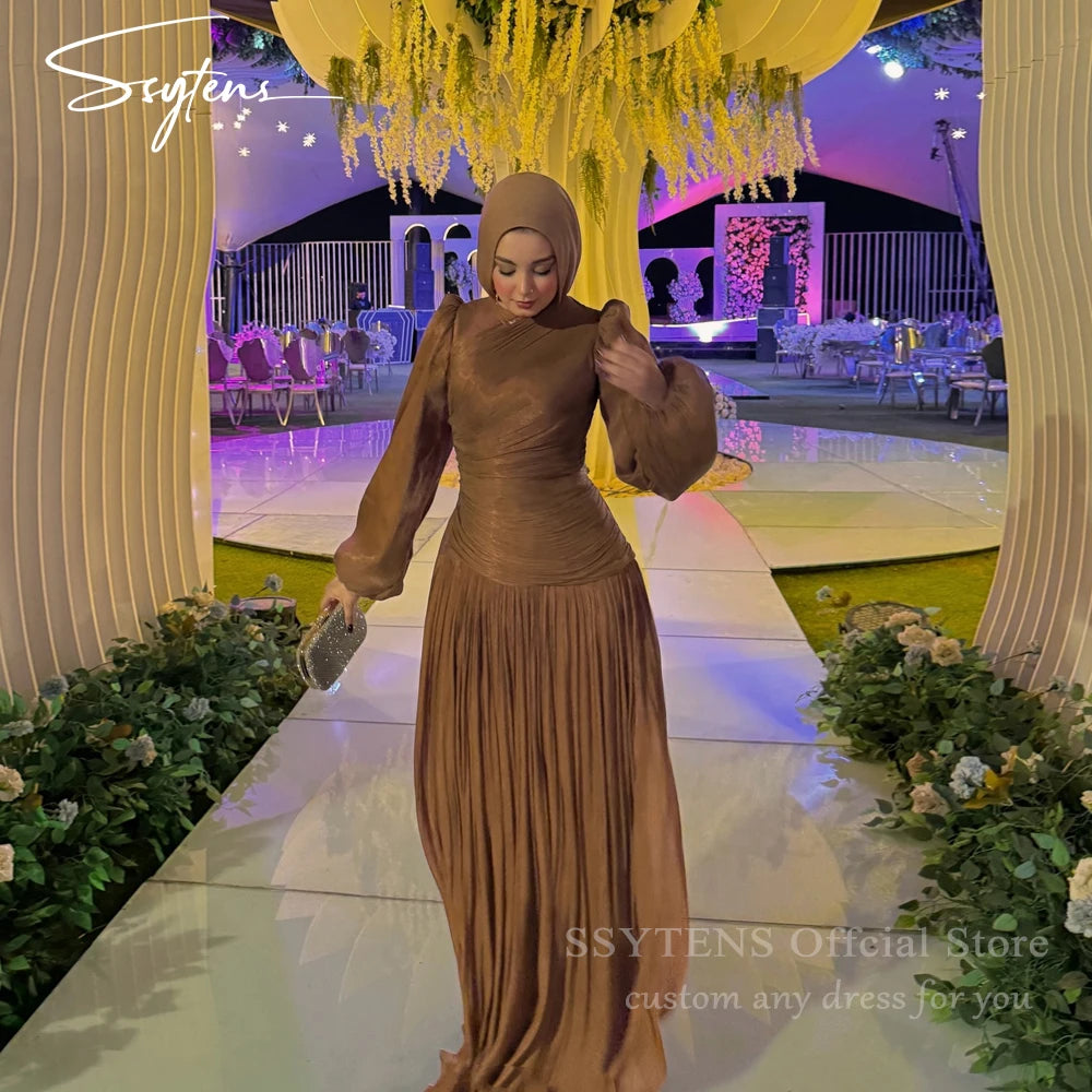 SSYTENS Modest Silk Evening Dresses for Women Full Sleeves Prom Dresses Saudi Arabric Formal Occasions Prom Gowns Customized