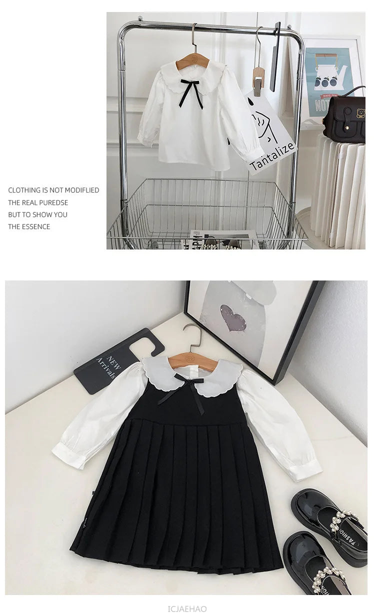 Sundress Black for Girls Children Junior Dress Elementary School Student Uniform Suit School Kids White Blouse Pleated Skirt Set