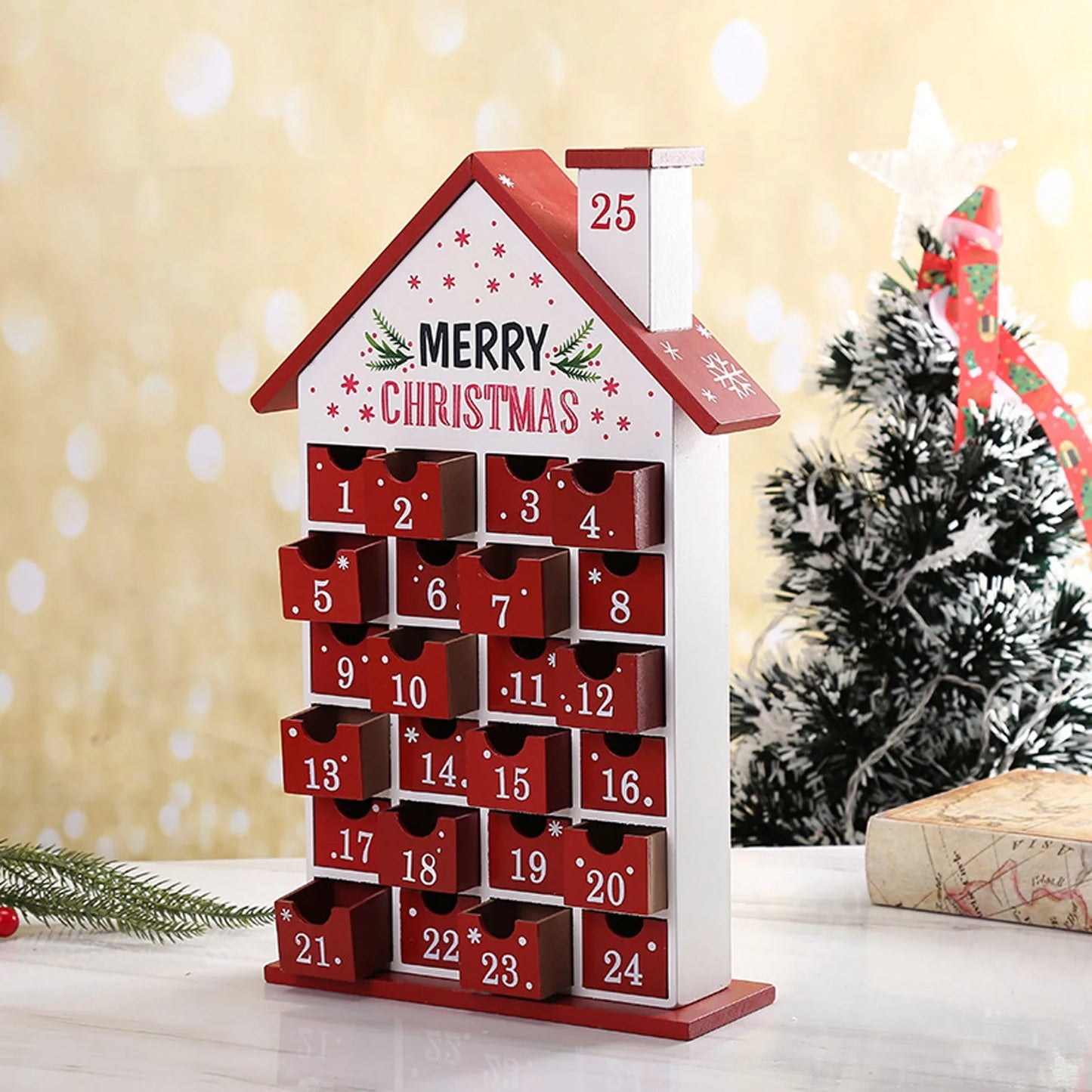 Christmas Countdown Calendar Box Wooden Christmas Small House Decorations Festival Gift Holiday Party Atmosphere Decoration