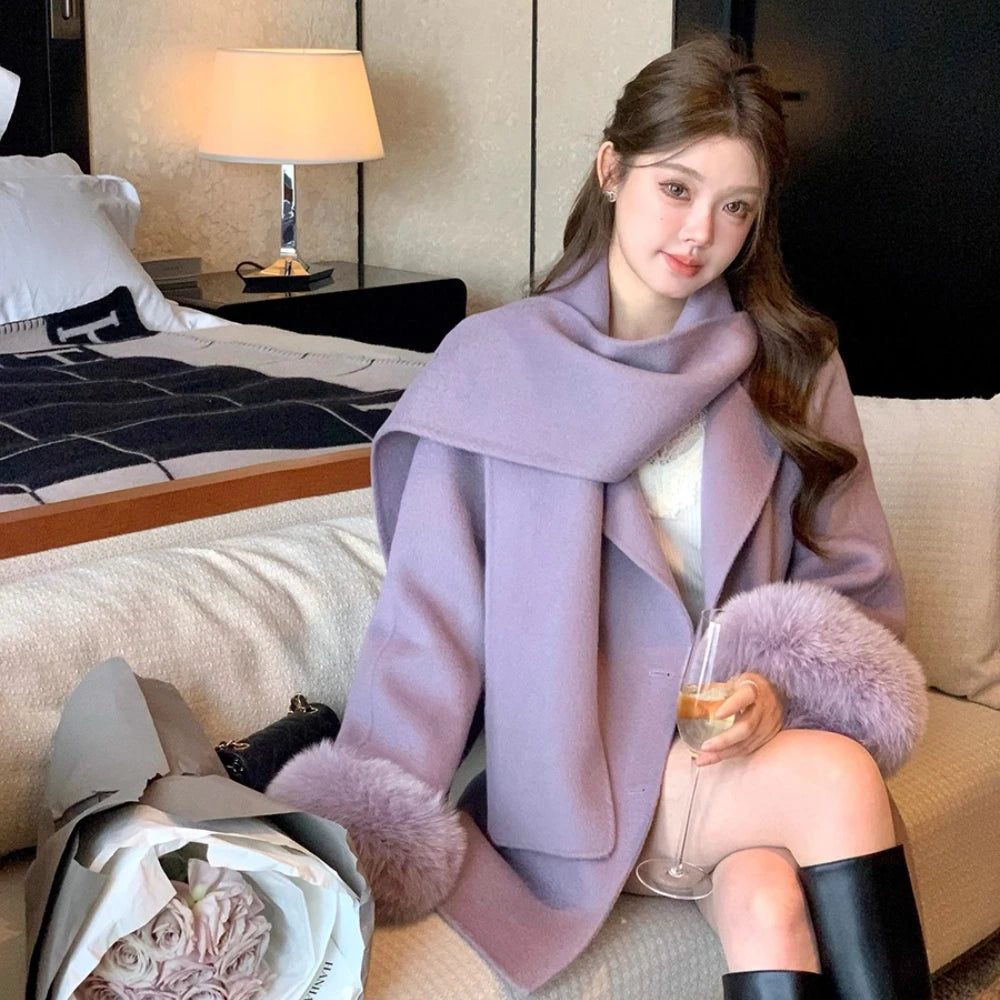 Women Double Faced Wool Coat with Real Fox Fur Sleeves 100 Wool Scarf Autumn Winter 2025 New Fashion Warm Elegant Trench Coat