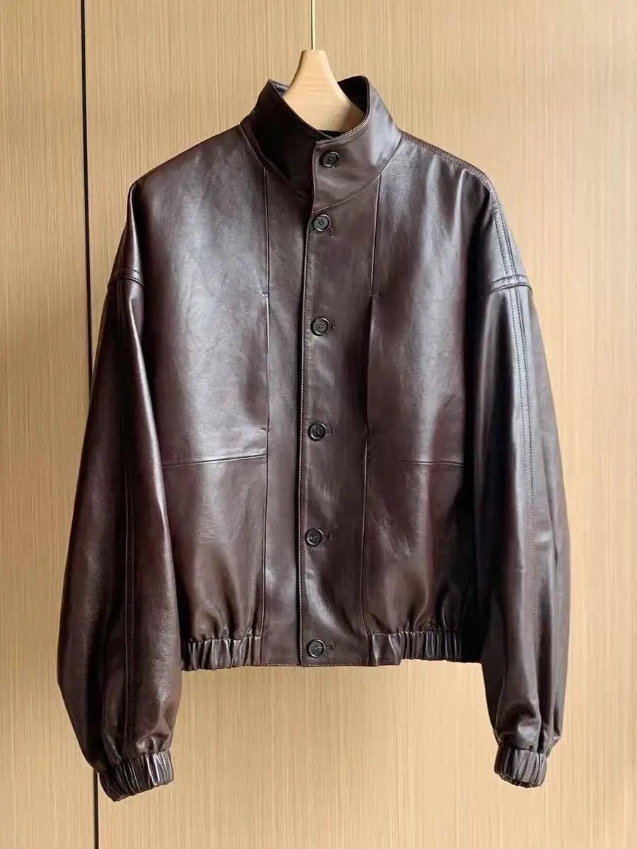 Imported Lightweight Leather Jacket for Women Modern Genuine Sheepskin Stand Up Collar Short Silhouette Coat Winter Tops Mujer