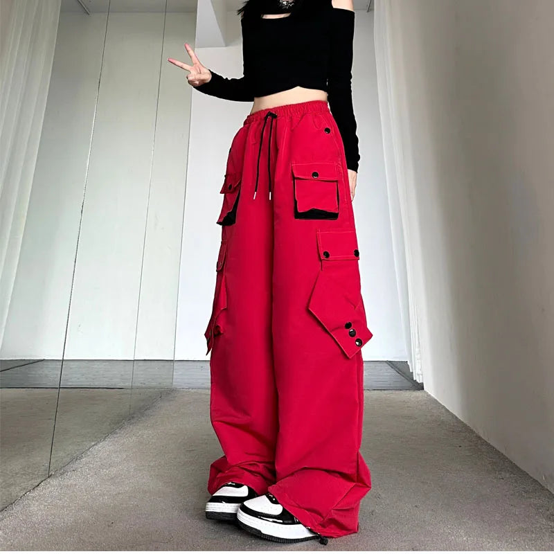 American High Street Workwear Casual Pants Women Loose Color Block Straight Leg Long Pants Pocket High Waist Wide Leg Trousers