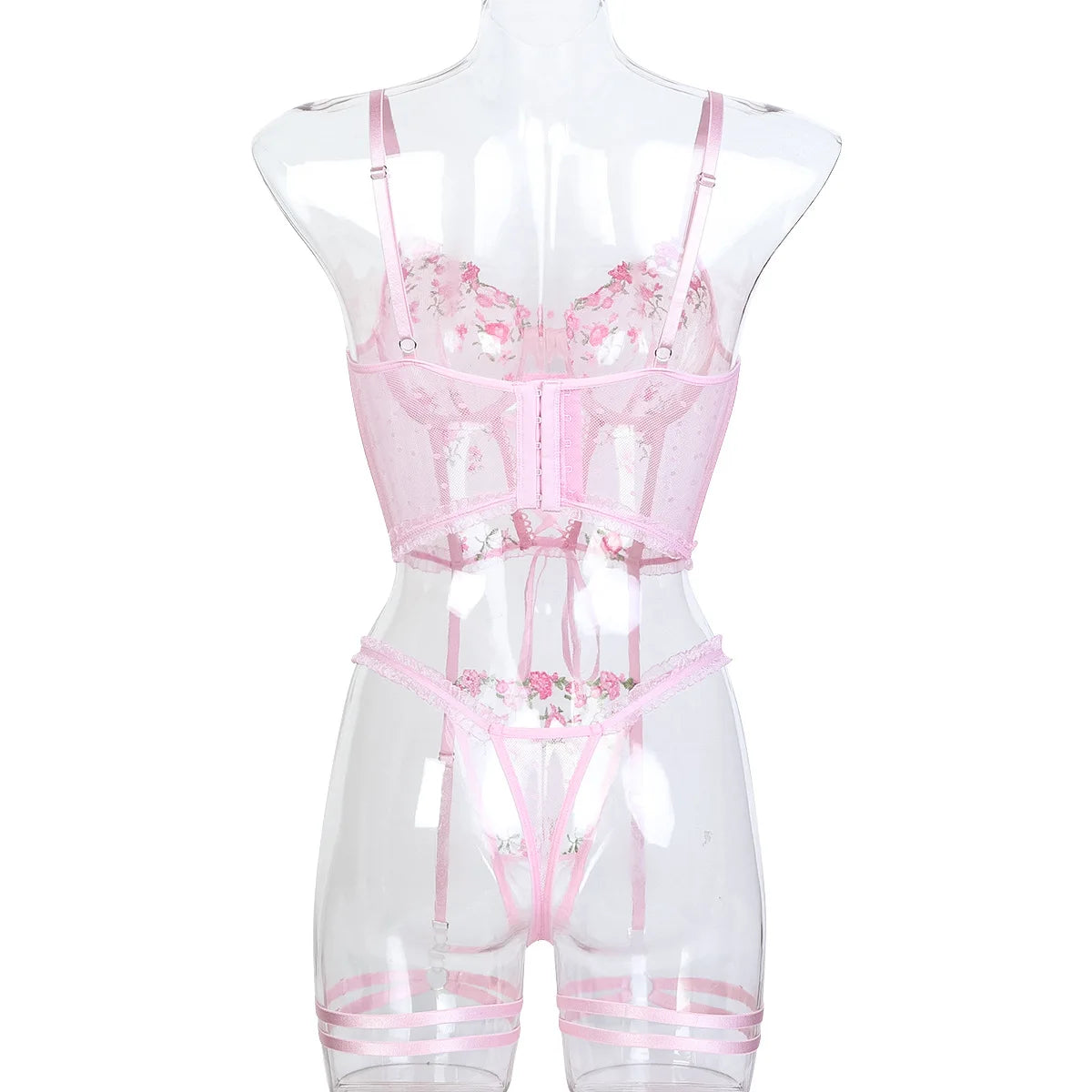 Lingerie Embroidery Printing Bra Garters Set For Women Mesh See- Through Hollow Out Exotic Sexy Underwear Suit