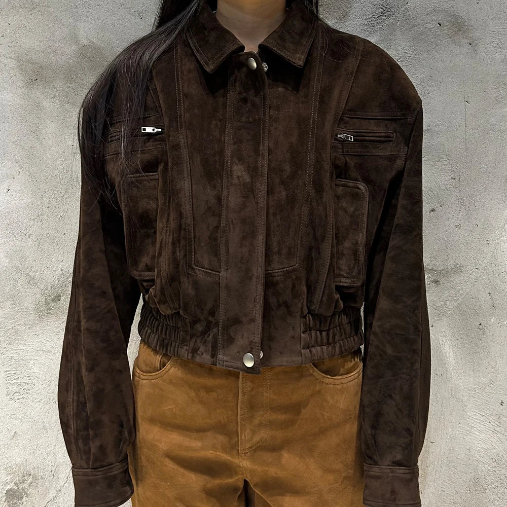 GBY Brown Suede Leather Jacket Cropped Genuine Soft Sheep Jacket 2025 Woman Jackets