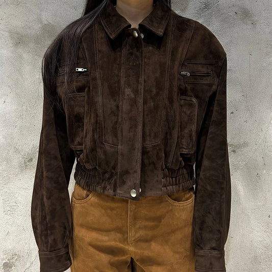GBY Brown Suede Leather Jacket Cropped Genuine Soft Sheep Jacket 2025 Woman Jackets
