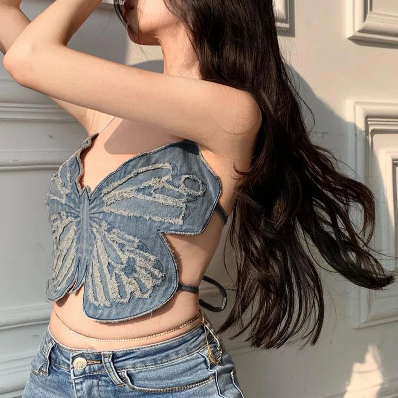 Women Summer Tank Tops, 3D Butterfly Shaped Halter Neck Sleeveless Self Tie Backless Crop Tops for Ladies