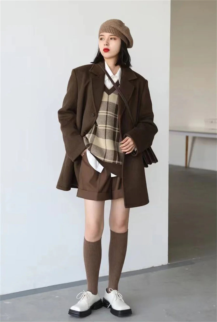 Korean Warm Mid Length Woolen Suit Coat Thick V Neck Women New Loose Parkas Winter Single Breasted Wool Blend Jackets Casaco