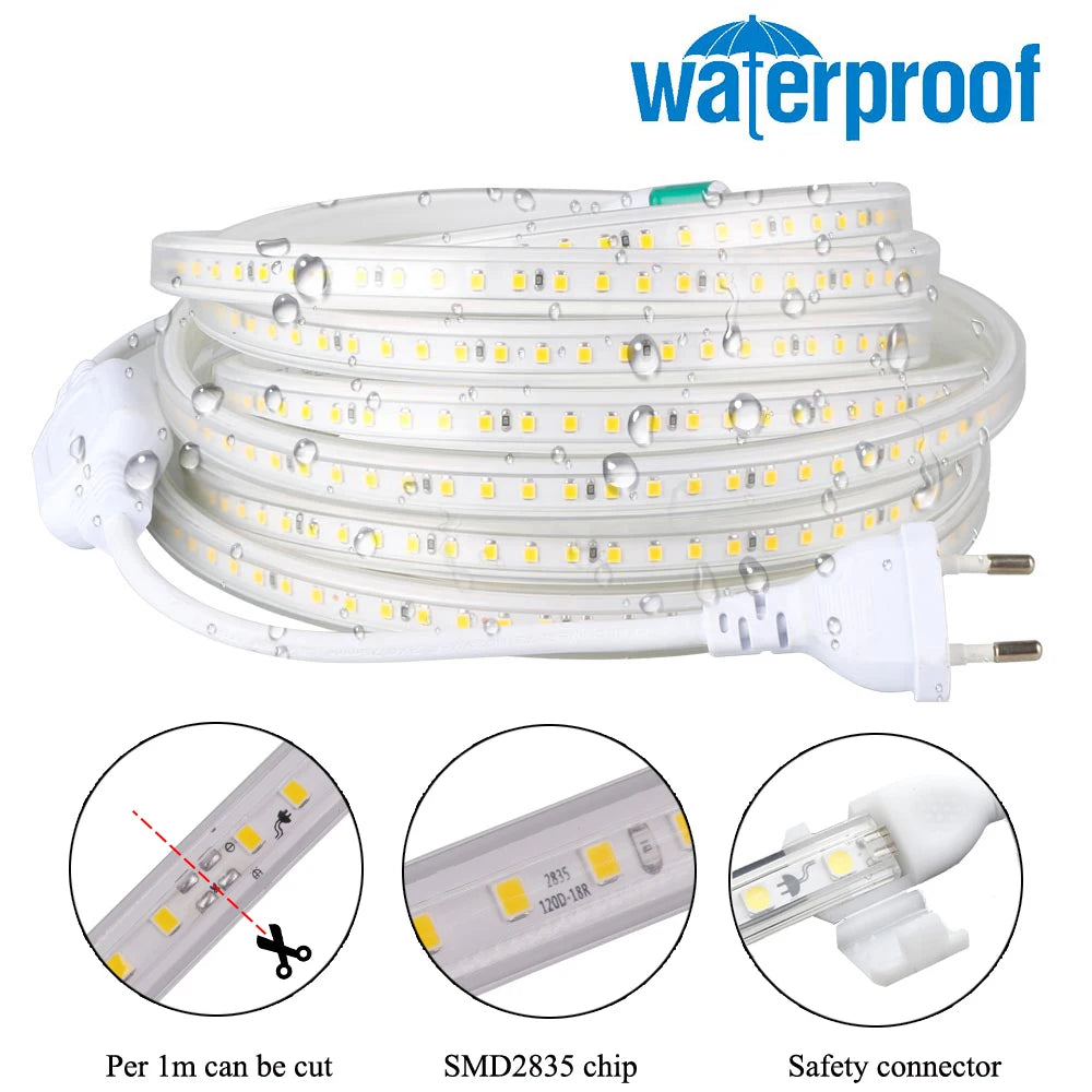 LED Strip AC 220V IP67 Waterproof 2835SMD 120leds/m Commercial Rope Light Flexible Ribbon DIY Christmas Holiday Home Decor Tape