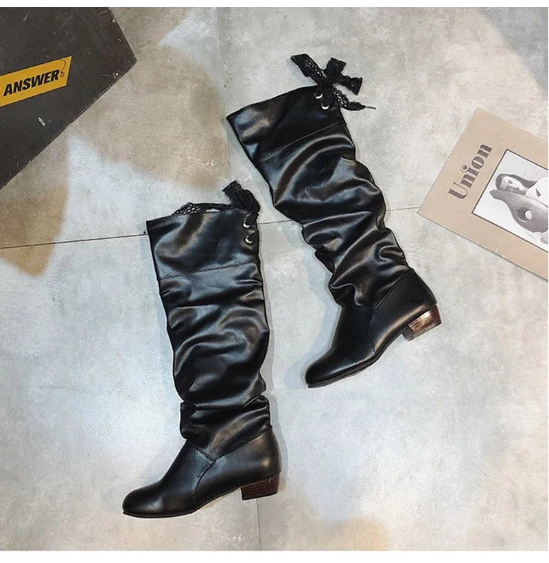 Shoes For Women  Knee High Boots Red Black White Tall Boots Woman Pleated Low Heel Casual Leather Female Long Shoes