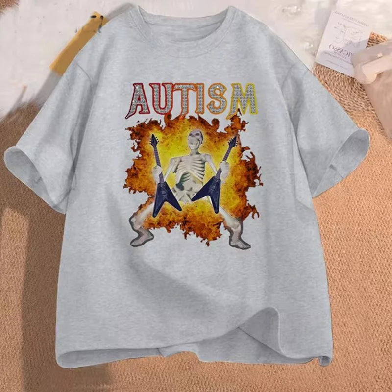 Autism Funny Skeleton Meme Men's T-shirt Cotton Mens Clothing Graphic Tshirts Man women Clothes Printed Short Sleeve Tee Tshirts