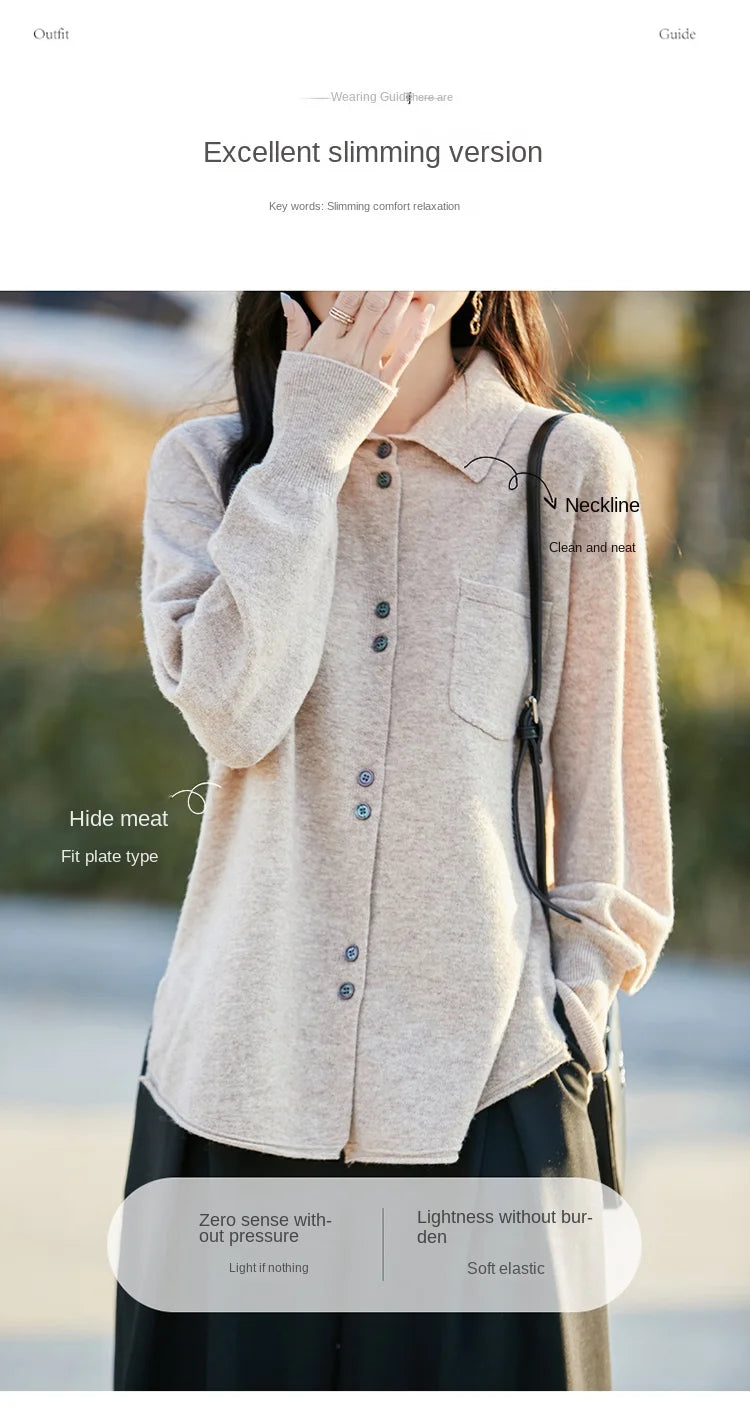 POLO Collar Wool Sweater 100 Pure Wool Spring And Autumn New Knitted Women Loose And Slimming Cardigan ZA682