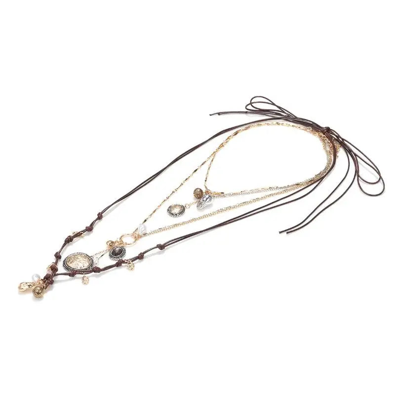Stylish Women's Bohemian Necklace with Round Coin Badge Pendant; Multi-layer Rope Chain Party Accessory.
