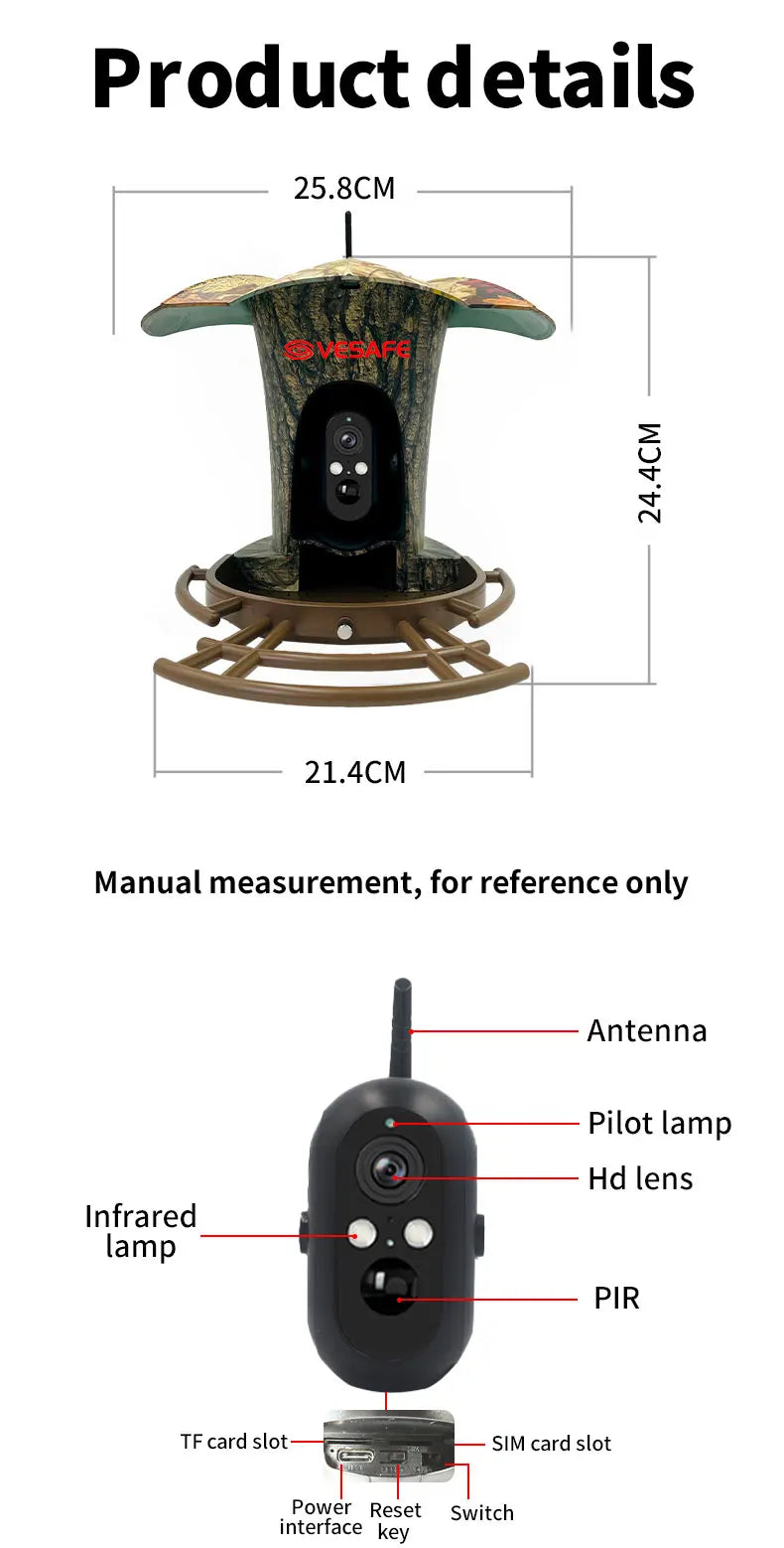 BF1 Smart Bird Feeding Camera 180° Wide Angle Lens 7m PIR Motion Sensor Support Solar Panel Power Supply Multi-color Option