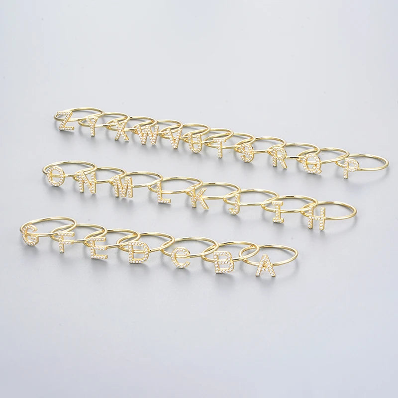 925 Sterling Jewelry A-Z 26 Letters Name Initial Rings Gold Plated Silver Fashion Simple S925 Ring Zircon Round Brilliant Cut