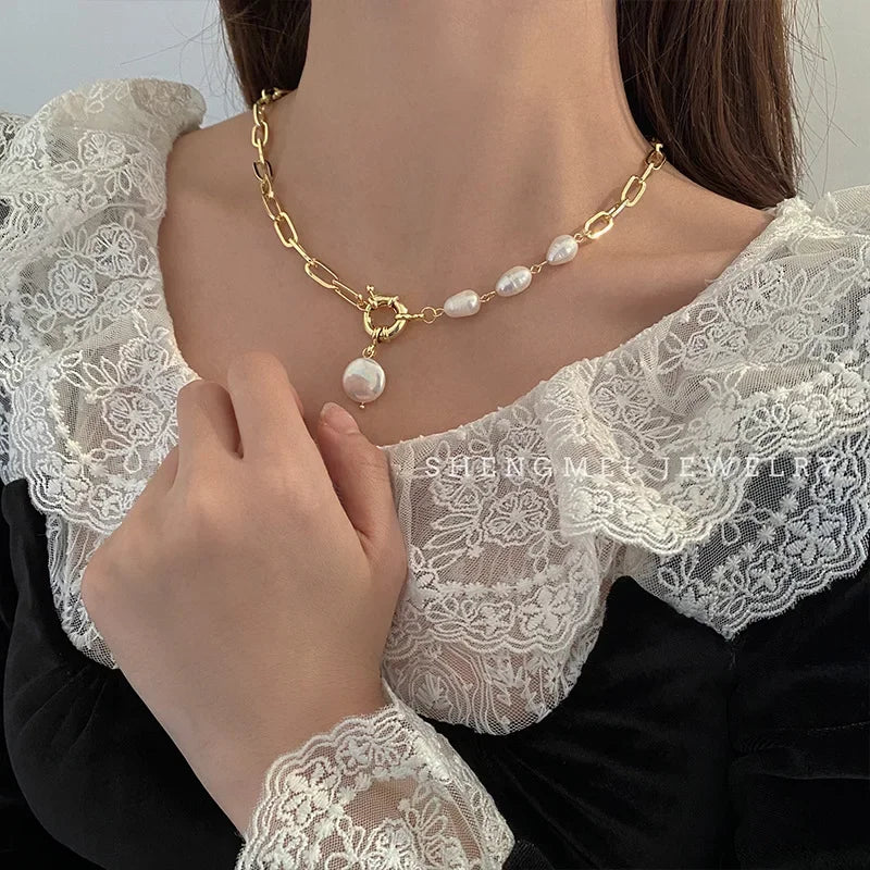 Trendy Elegant Baroque Pearl necklace for Women Charm Stainless Steel Beaded Chain Pendants Wedding Bridal Jewelry Party Gift