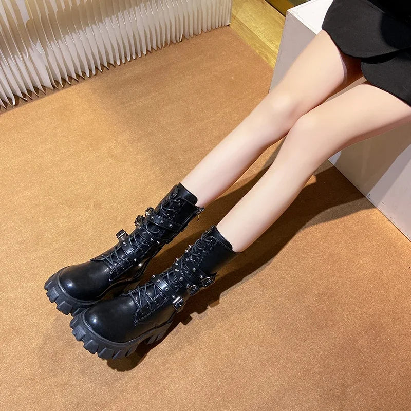 WOMEN ANKLE BOOTS Goth Boots Woman Winter 2024 Platform Shoes Sneakers Studded Belt Buckle Punk  Chunky Heels Mid Calf Boots
