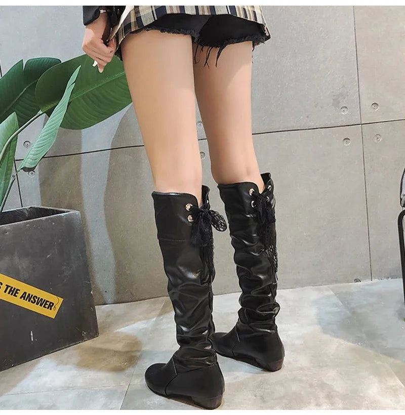 Shoes For Women  Knee High Boots Red Black White Tall Boots Woman Pleated Low Heel Casual Leather Female Long Shoes
