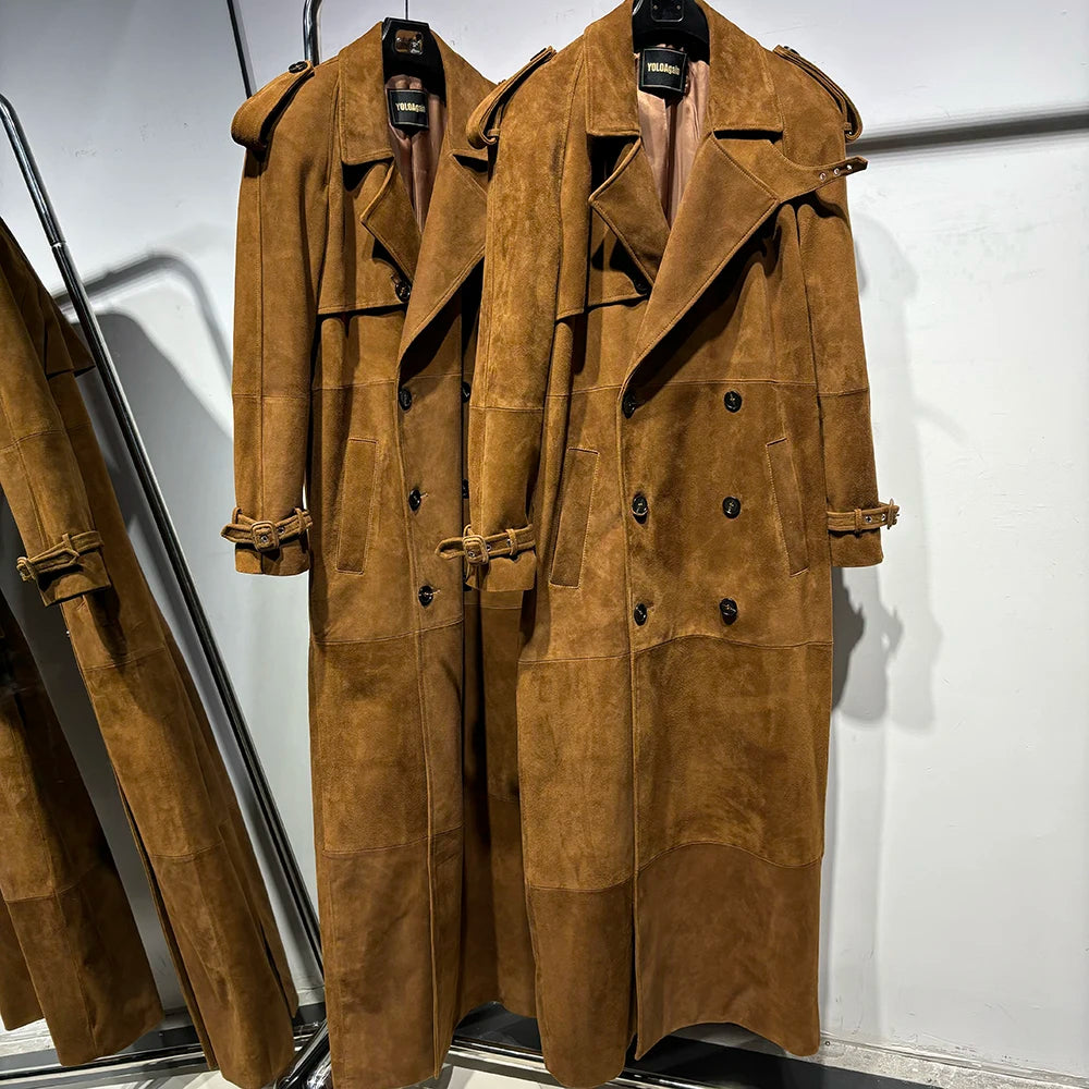 YOLOAgain 150cm Extra Length Real Leather Trench Coat Women Double Breasted Suede Coat Female