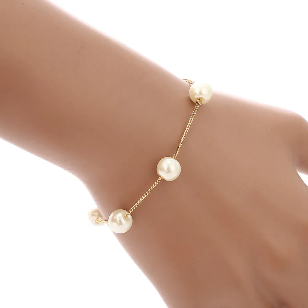 4pcs Gold-color Necklace Earring Bracelet Set Ladies Elegant Imitation-Pearls Collection Temperament Tassel Jewelry