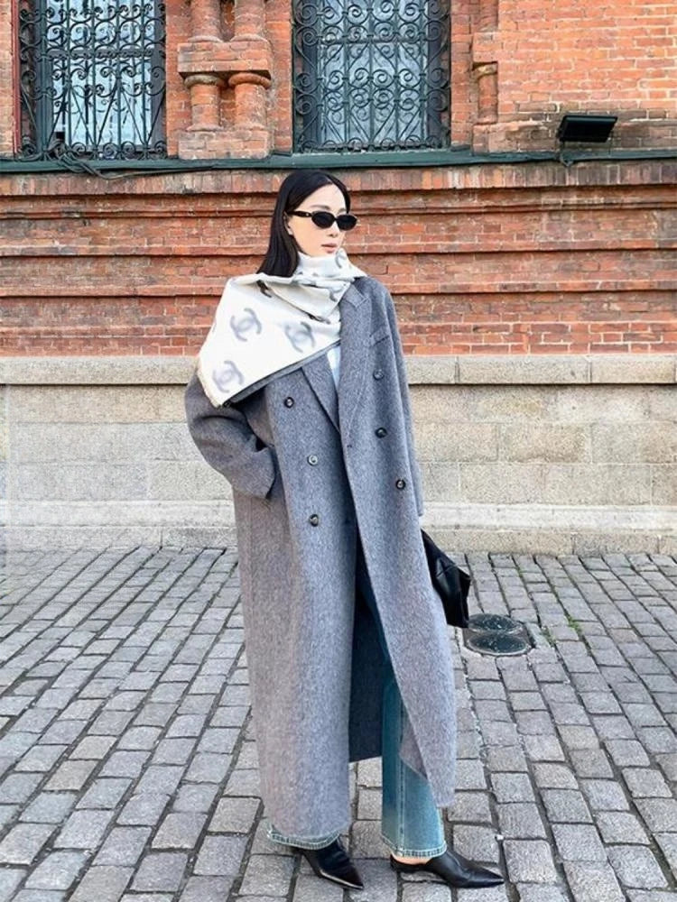 Office Lady Woolen Jackets 2024 Autumn And Winter Suit Collar Double Breasted Warmer Yak Hair Loose Long Women's Wool Coats