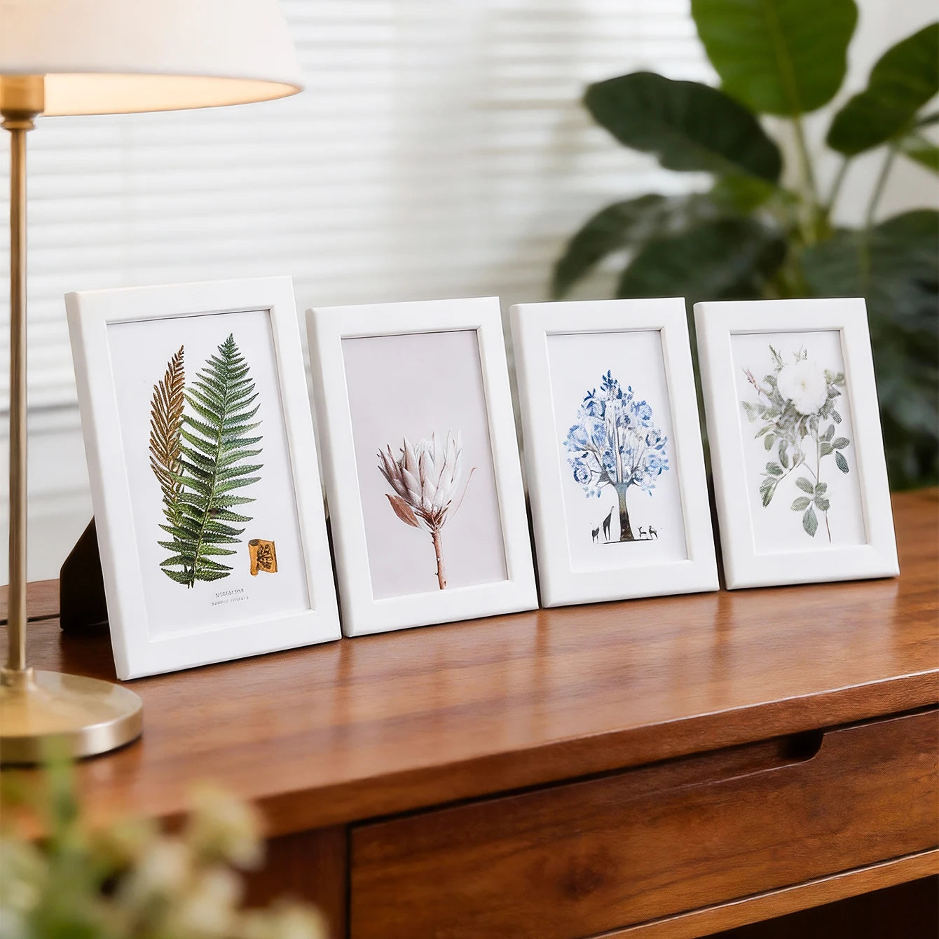 Multi-size tabletop photo frames for displaying 5, 6, 7, and 8-inch photos, suitable for placement in living rooms, bedrooms