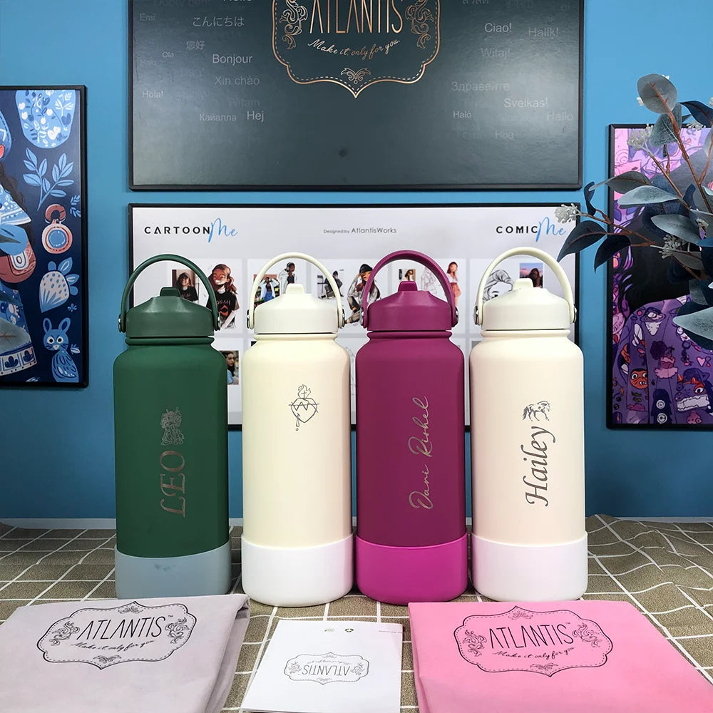1000ML Water Bottle With Straw Lid Vacuum Insulated FlaskThermos Tumbler Ceramic Anti-Corrosion Coating Custom Gifts