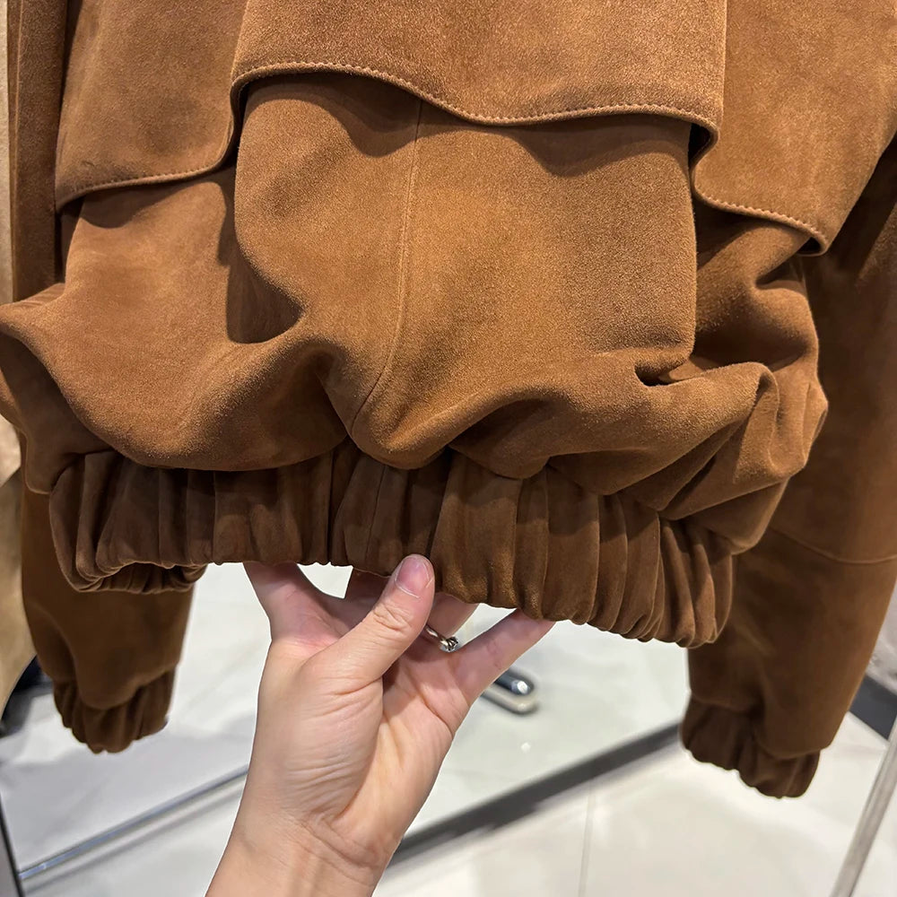 YOLOAgain Suede Leather Jacket Coat Women Real Leather Cropped Jacket Bomber Jacket 2025 Autumn