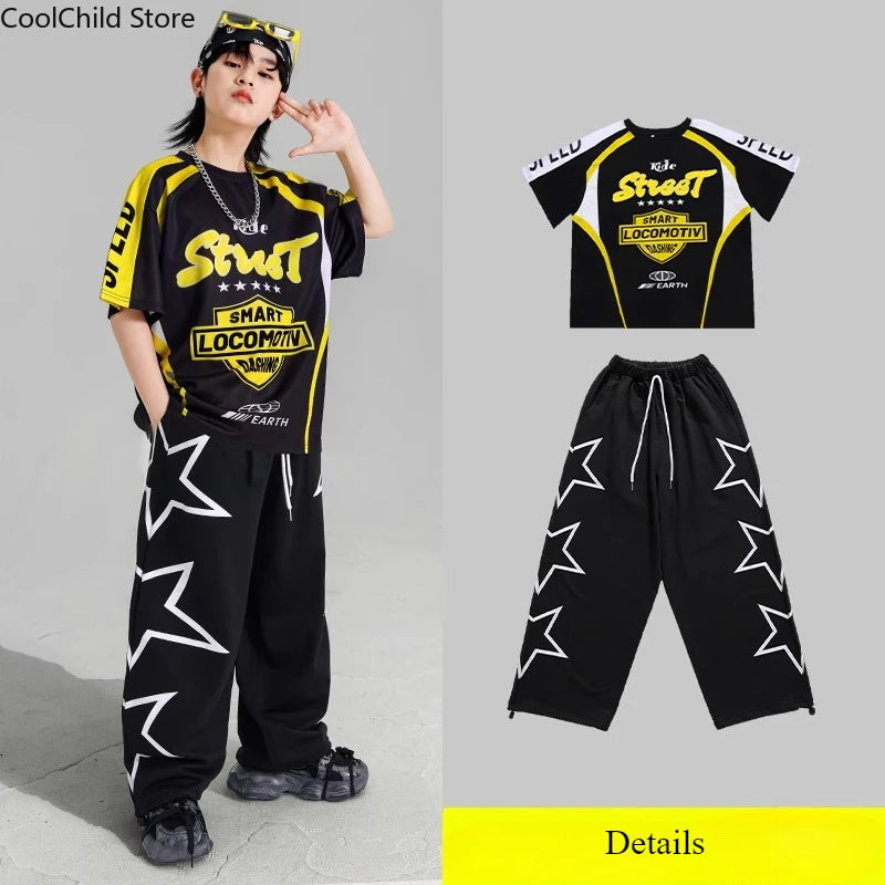 Boys Hip Hop Contrast T-shirt Yellow Vest Sweat Pants Girls Street Dance Jazz Costume Children Clothes Set Kids K-pop Streetwear