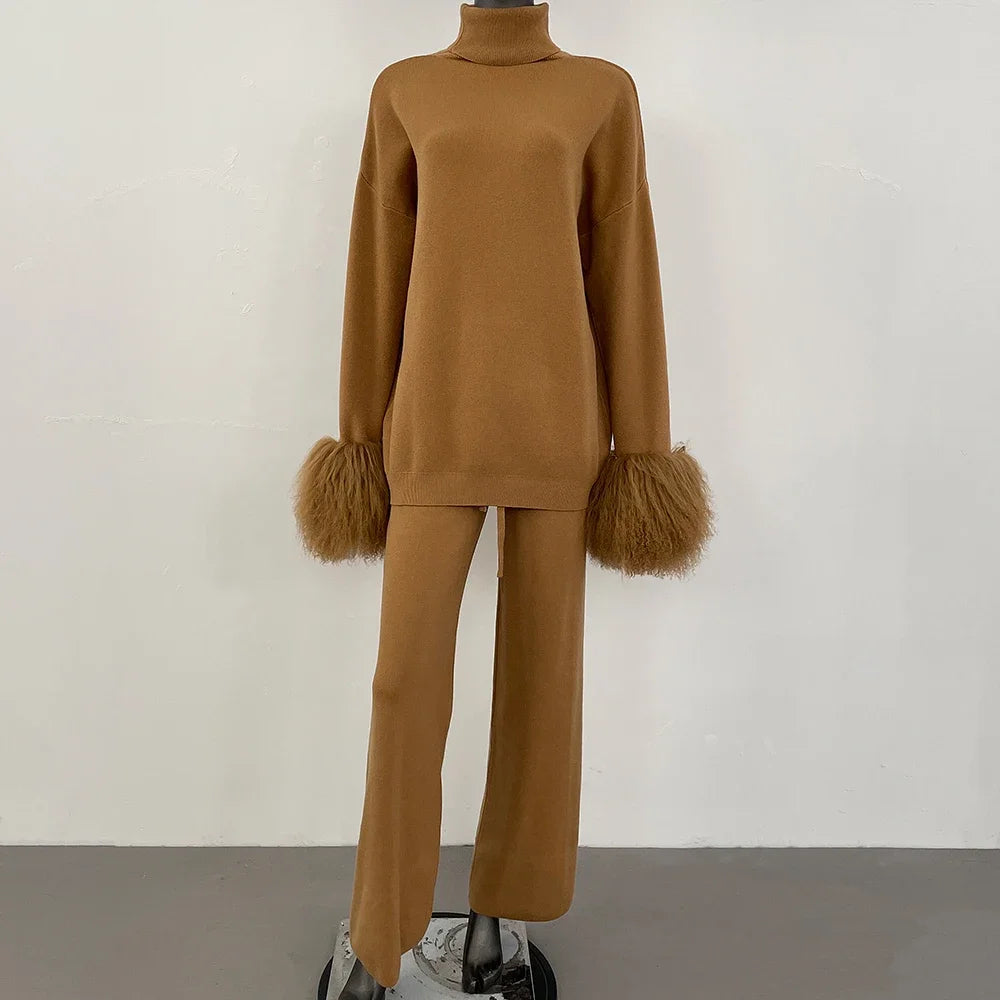 Coat Women Knitted Suit Women's Sweater Set Real Mongolian Sheep Fur Cuffs High Quality Wool & Blend Knitted Pullover and Pants