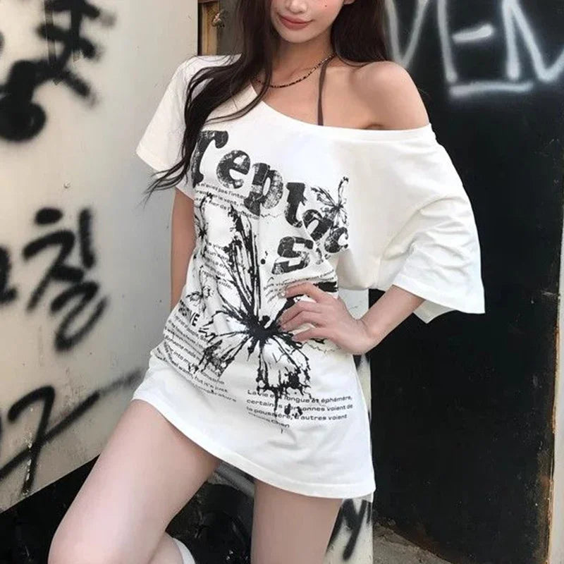 Summer Lady T-shirts Chic Streetwear T-shirts Female Baggy Casual Daily Tops Women Letter Printed Off Shoulder Clothes