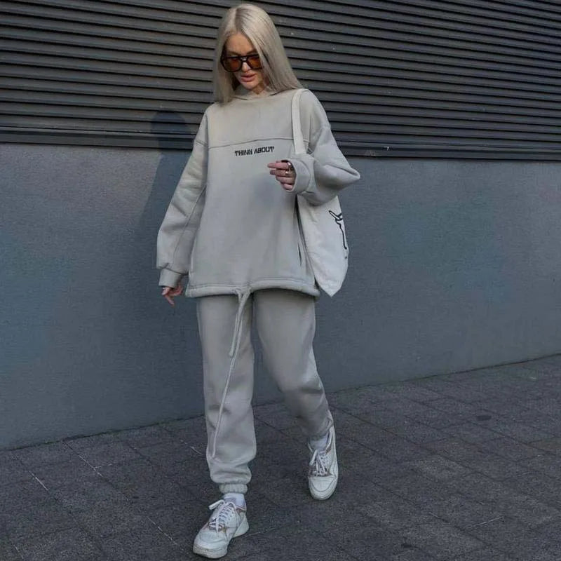 Two Piece Drawstring Set Long Sleeved Letter Print Hoodies Loose Sweatshirt Jogging Pants Outfits Autumn Women Sports Hooded