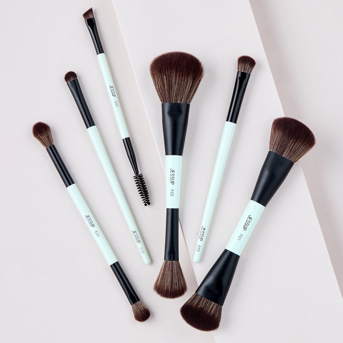 Jessup Double-Ended Makeup Brushes 6pcs, Vegan Fiber, Daily Use, Bright Cyan