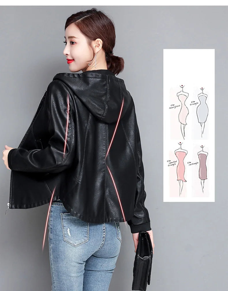 New Women Casual Leather Jacket Spring Autumn Fashion Hooded Zipper Split Leather Loose Outerwear Short Sheepskin Tops Coat
