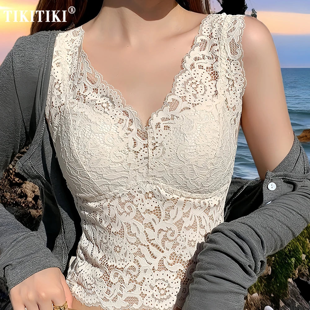Summer Sexy Deep V Lace Vest With Breast PadsEmbroidery Floral Tank Top Wrapped Chest Camisole Padded Crop Tank Top For Women