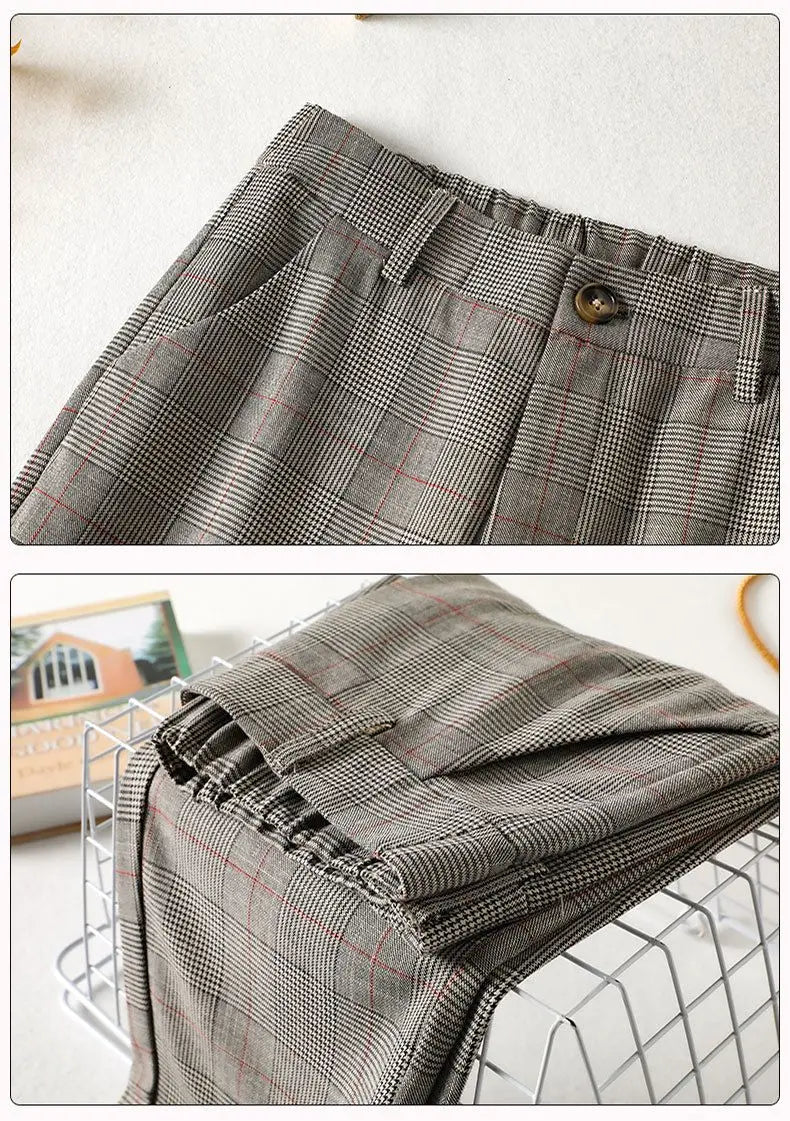 Office Lady Slim Woman Clothing Plaid Suits Pants Spring Autumn New Korean Fashion Vintage High Waist Straight Casual Trousers