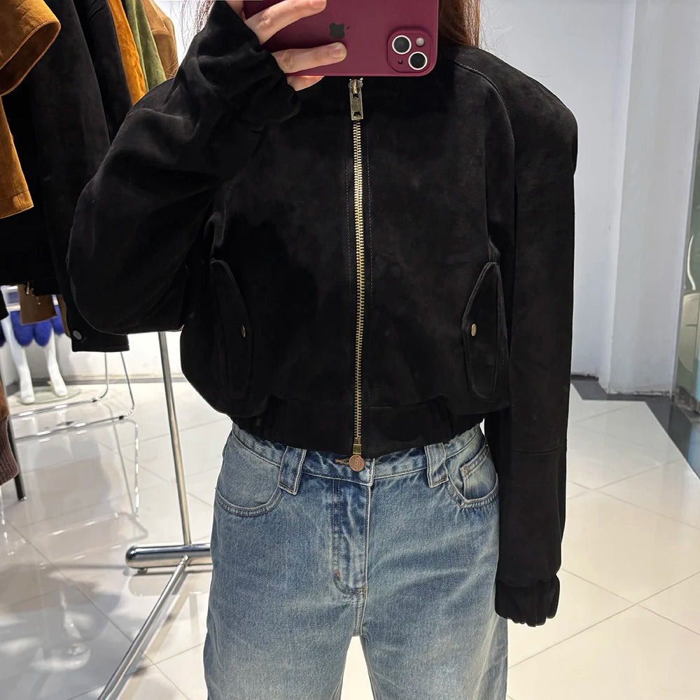 YOLOAgain Suede Leather Jacket Coat Women Real Leather Cropped Jacket Bomber Jacket 2025 Autumn