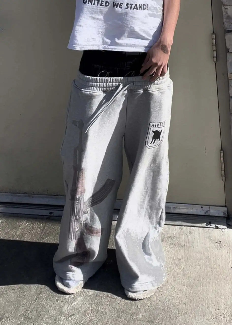 Grey pair of trousers sweatpants men and women gothic hip-hop embroidered embroidered pants casual elastic waist jogging pants