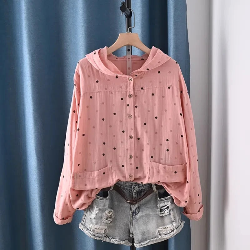 2025 Middle-aged women's clothing 100% cotton yarn hoodies polka dot print shirts long sleeve blouses for women hooded tops
