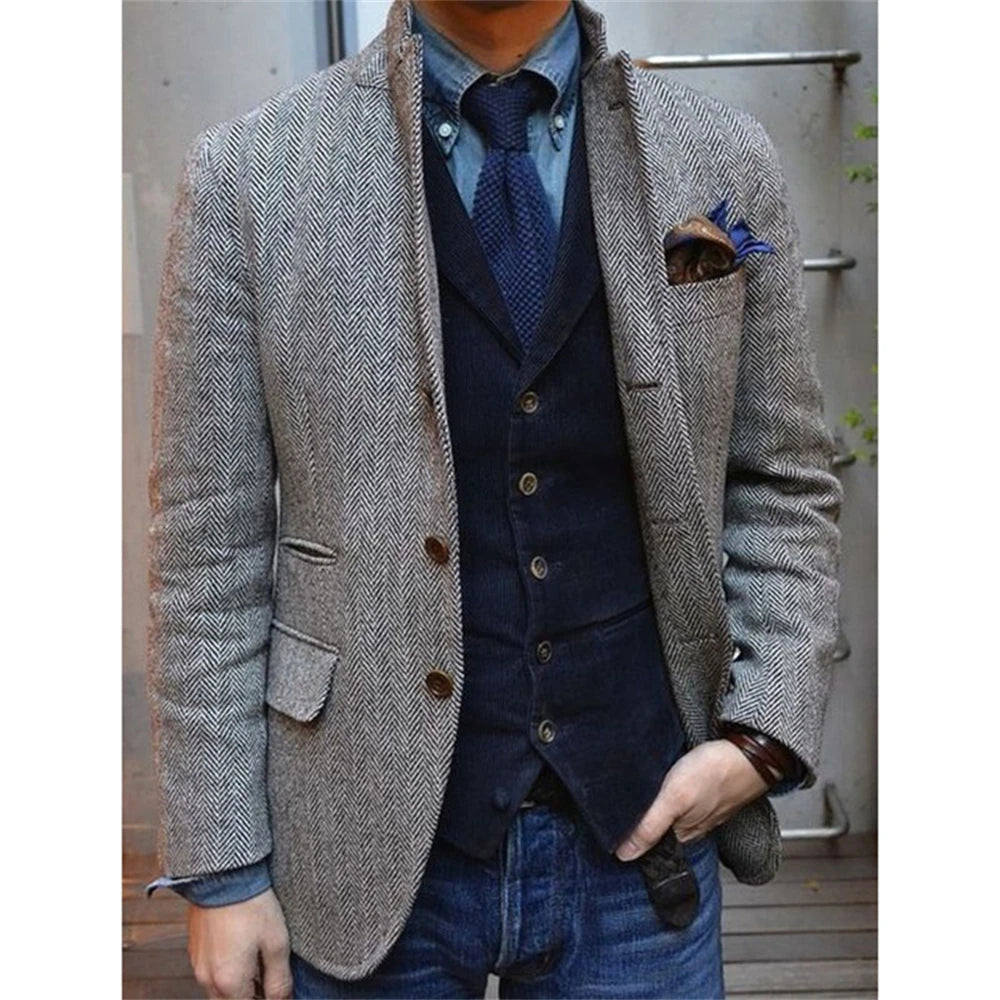 Men's Suit Brown Blazer Prom Tuxedos Herringbone Wool Tweed Single Breasted Formal Bussiness Jacket for Wedding（Only Coat）