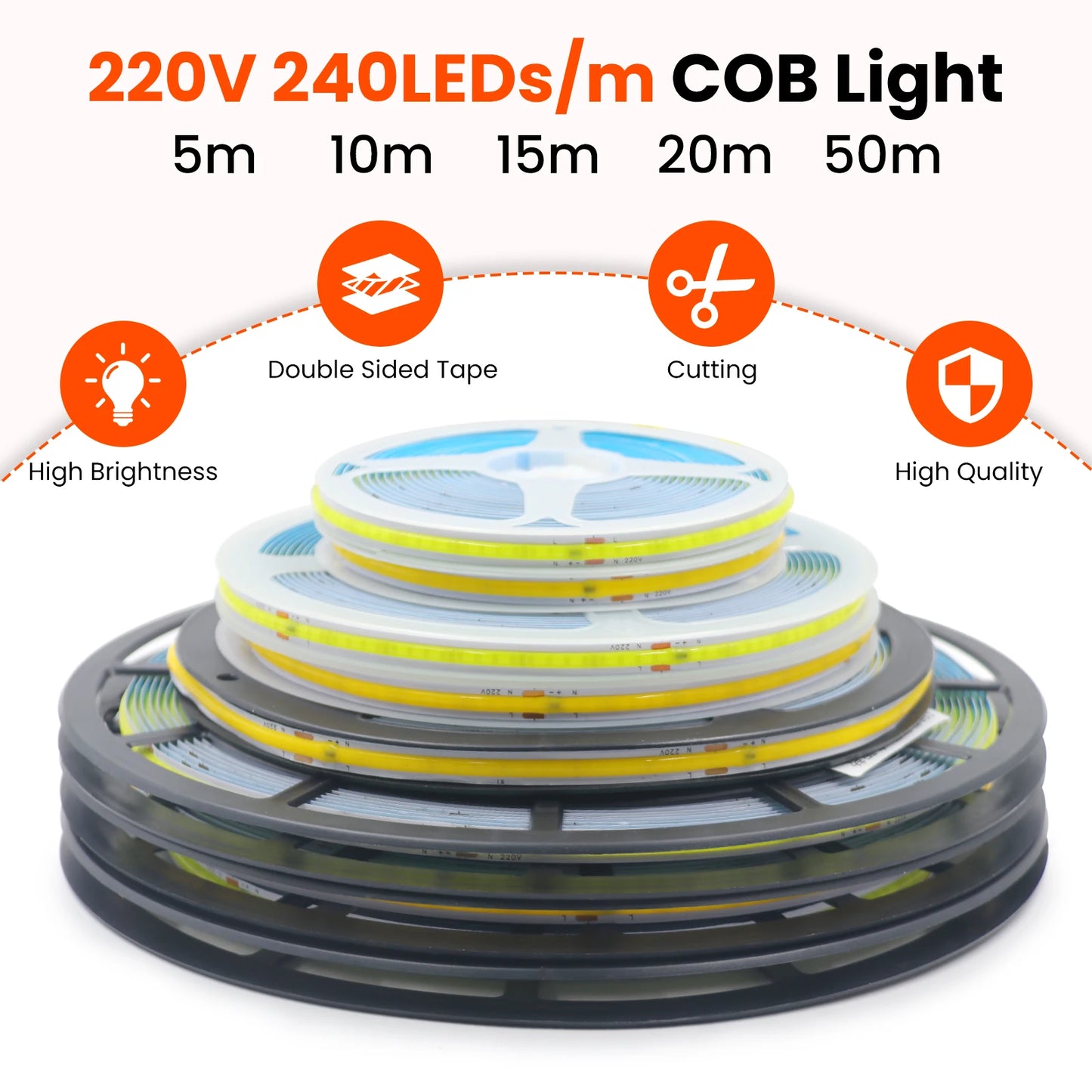 AC 220V COB Strip 240Leds/M 5M 10M 20M 50M/Roll Red/Green/Ice Blue/Pink/White/Purple Flexible Ribbon LED Light For Home Decor