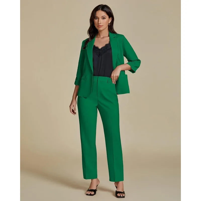 Pant Suits for Women Dressy 2 Piece Business Casual Outfits 3/4 Sleeve Blazer Straight Leg Pant Sets Office Work