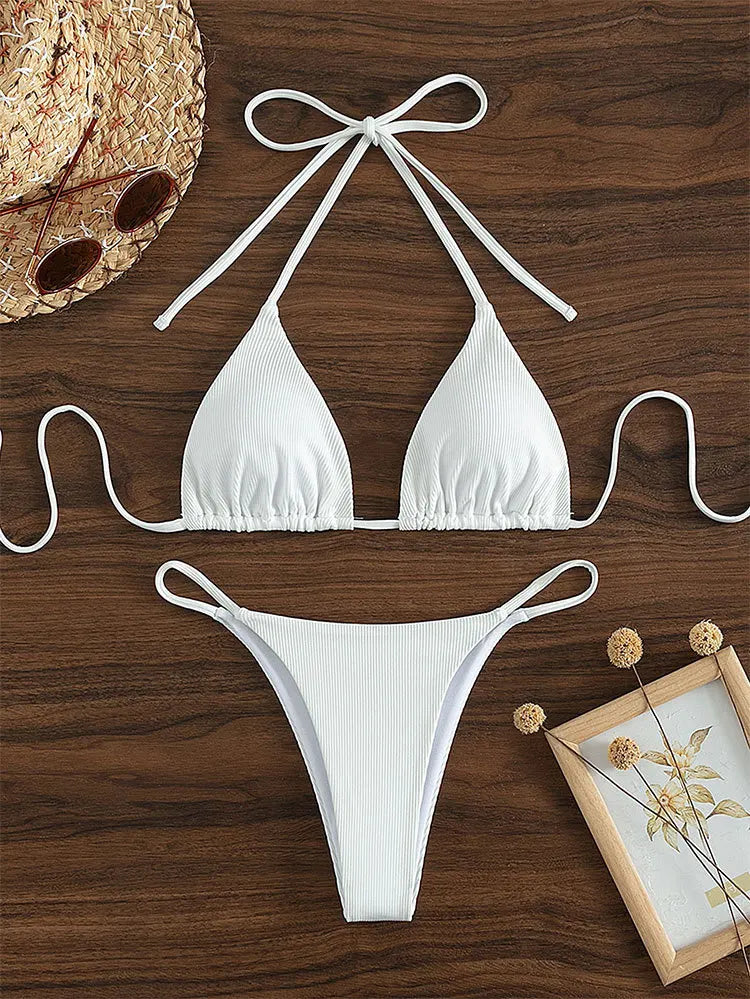 Bathing Suit Women Sexy Solid Halter Swimsuit Special Stripe Fabric Bikini Set Drawstring Lace Up Two-piece Split Beach Biquini
