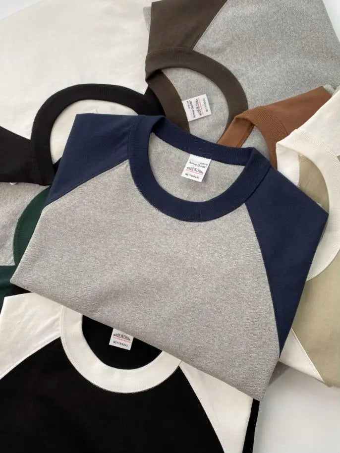 Mens 100% Heavy Cotton T-Shirt 300gsm Oversized Casual Stitching Color Tee Round Neck Loose Fit Knitted Tops Fashion Streetwear