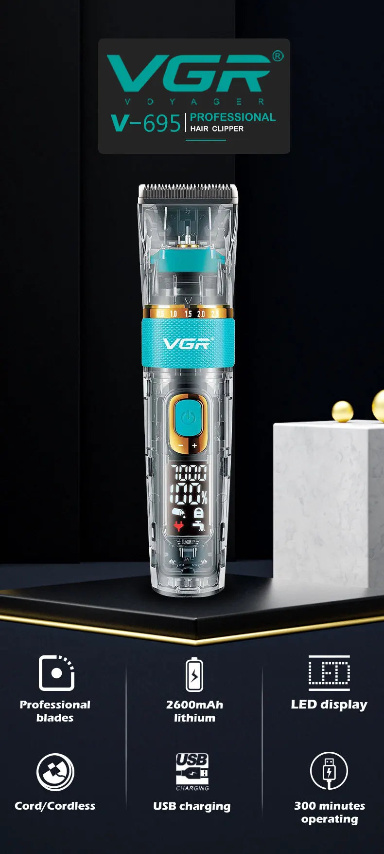 Original VGR Professional Hair Trimmer Cordless Barber Hair Clipper For Men Washable Beard Hair Cutting Machine Rechargeable Set