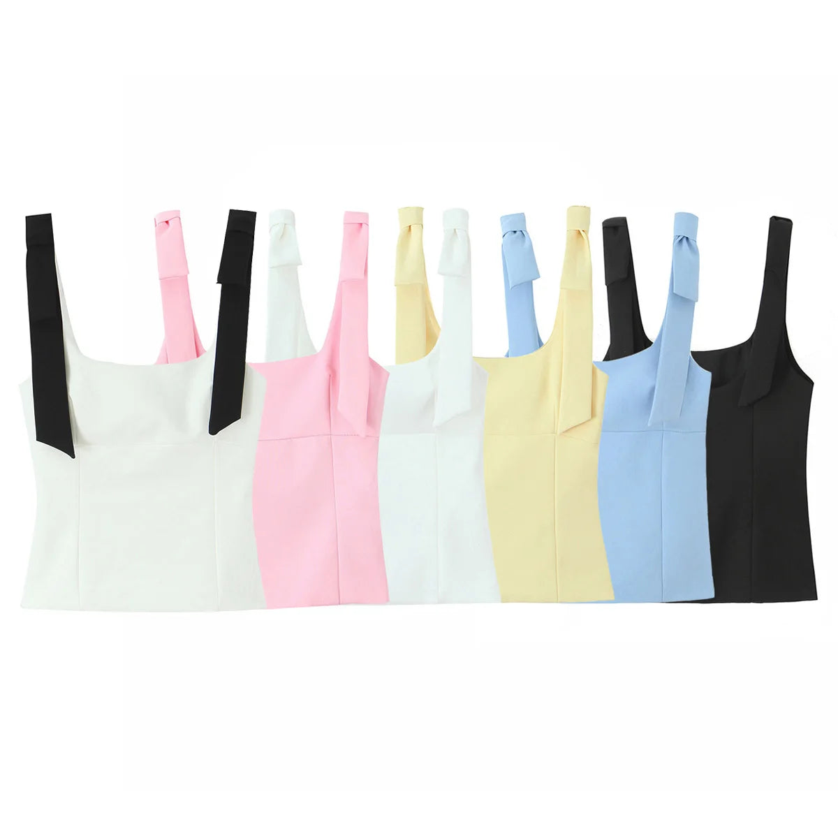 HH Summer Woman Elegant High Street Solid Side Zipper Slim Tops Women's Chic Sexy Sleeveless Bow Square Collar Sling Top