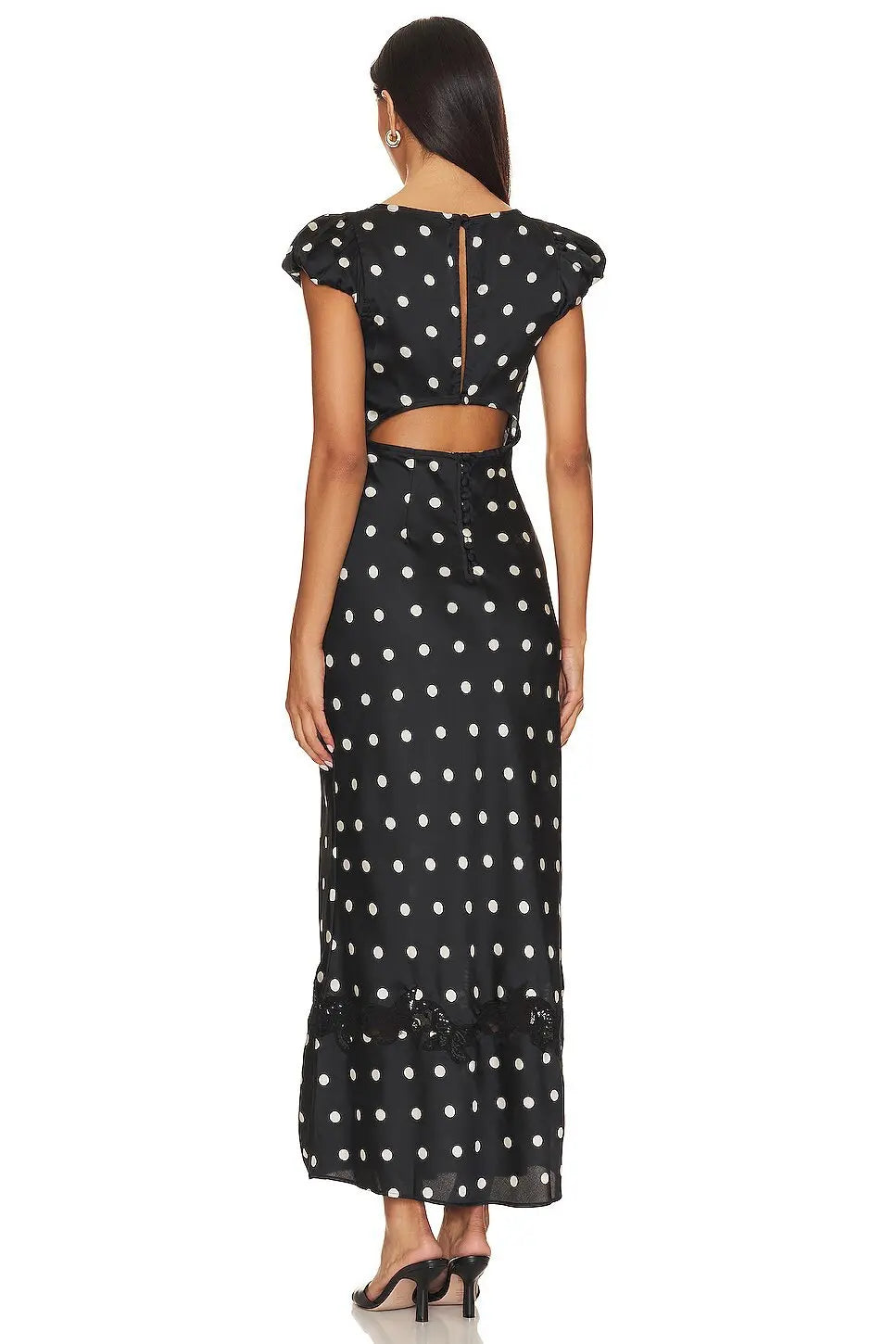 Luxurious Silk Satin Long Dress Elegant Puff Sleeve Polka Dot Floral Gown Sexy Open Back Midi Dresses for Evening Cocktail