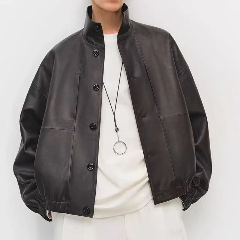 Imported Lightweight Leather Jacket for Women Modern Genuine Sheepskin Stand Up Collar Short Silhouette Coat Winter Tops Mujer