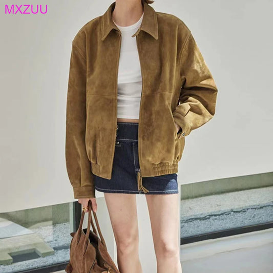 Brown Suede Jacket Spring Women Sheepskin Vintage Old Money Style Wide Shoulder Casual Baseball Leather Coat Giacca Pelle Donna
