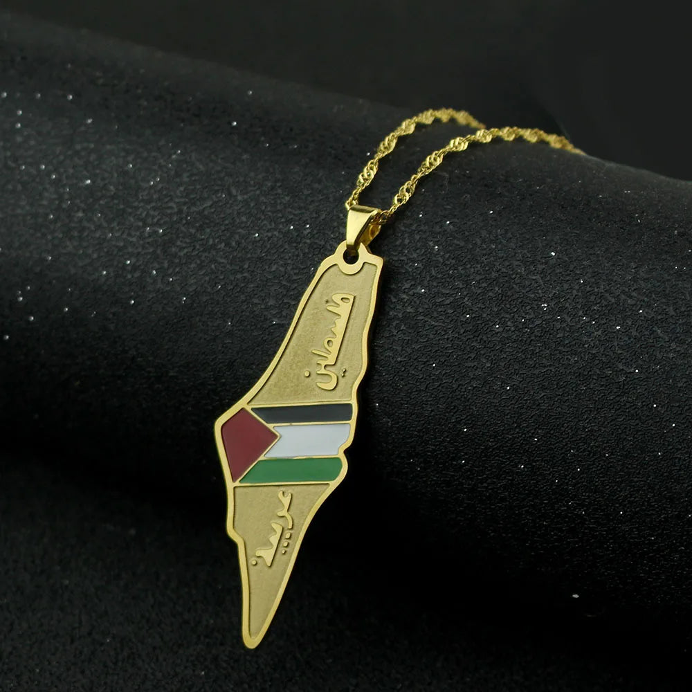 Palestine Map Flag Pendant Necklace For Women Men Stainless Steel Map Geography Necklace Choker Chain Jewelry